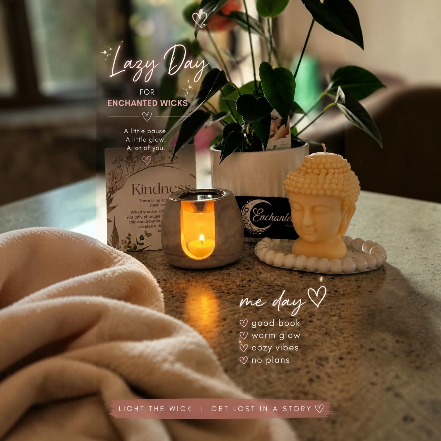A cozy tabletop scene with a lit candle holder, a Buddha head candle, a small card, and a potted plant on a countertop, overlaid with text reading 'Lazy Day' and 'me day' with cozy descriptors.